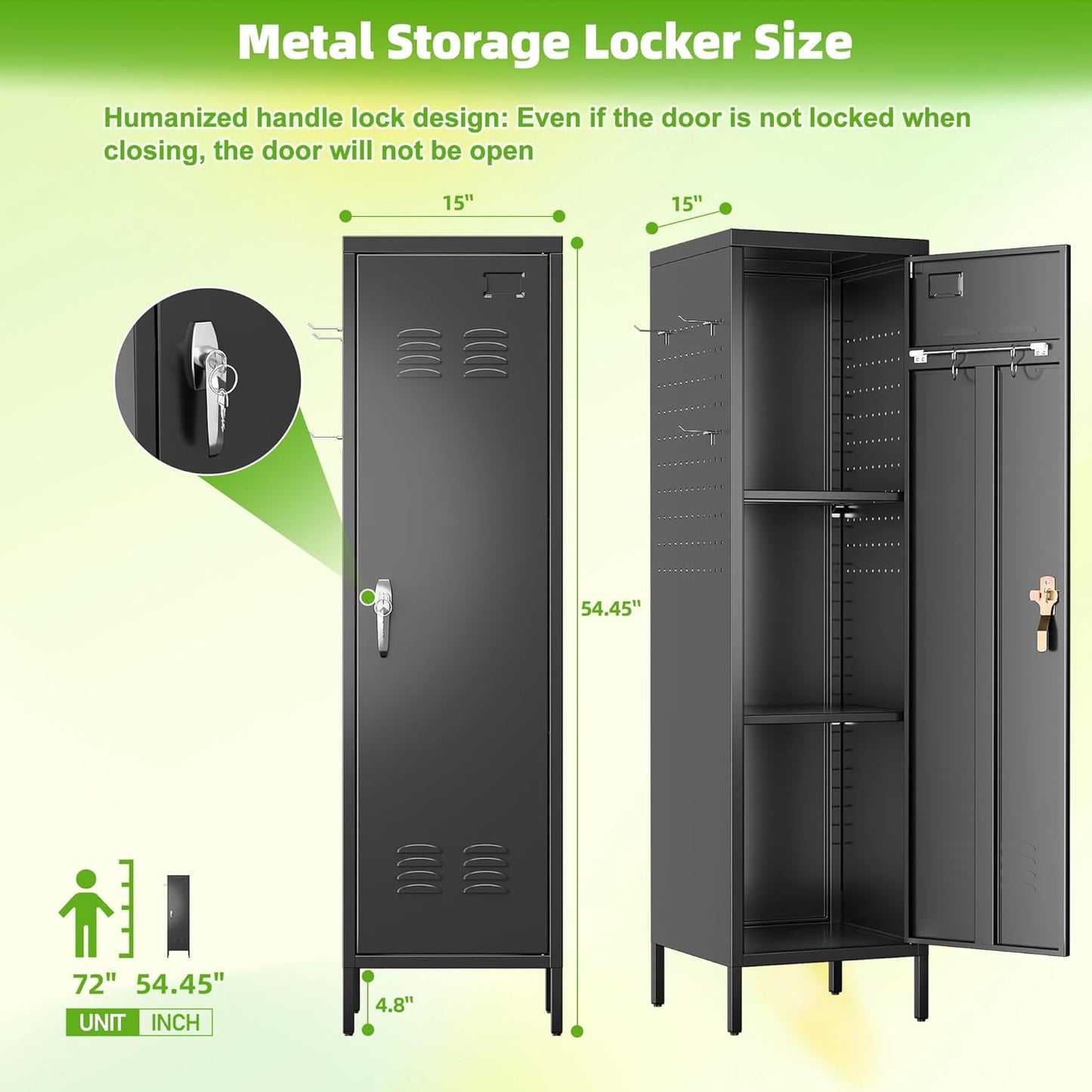 Metal Lockers for Employees with Handle with 2 Pegboard, 5 Hooks for Gym, School, Office,Home,Garage, Black