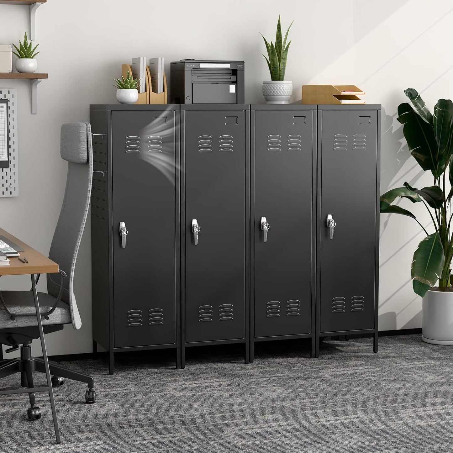 Metal Lockers for Employees with Handle with 2 Pegboard, 5 Hooks for Gym, School, Office,Home,Garage, Black