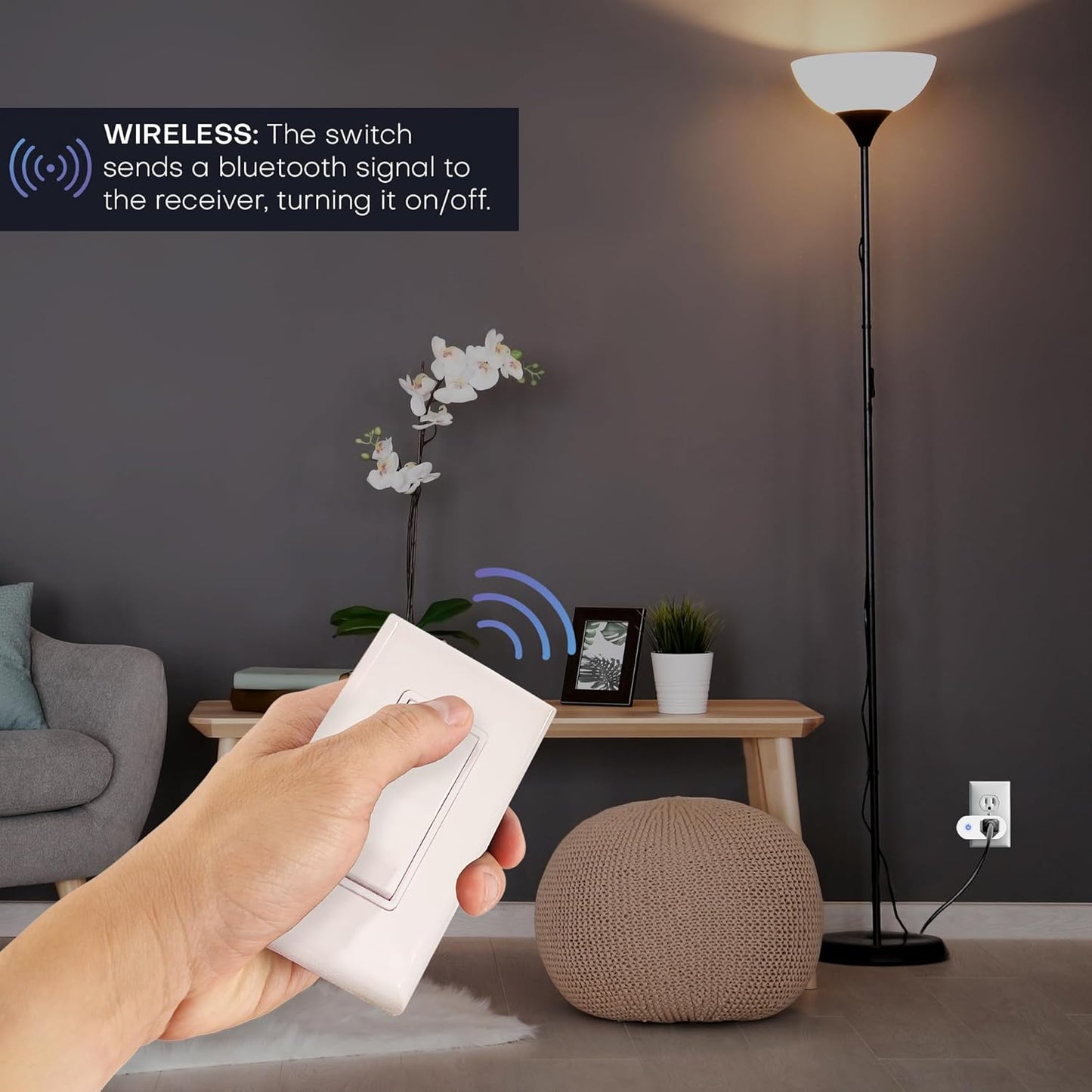 RunLessWire Wall Plug & Wireless Battery-Free Remote Light Switch Kit On/Off BT Series to Control Outlet Remotely