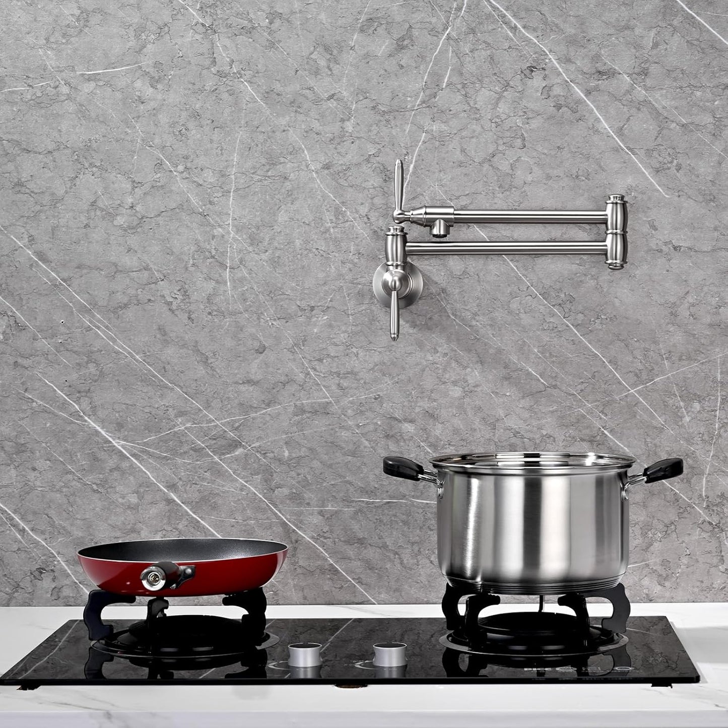 Pot Filler Faucet, Wall Mount Pot Faucets for Kitchen Sink with Double Reinforced Joint Arms, Brushed Nickel