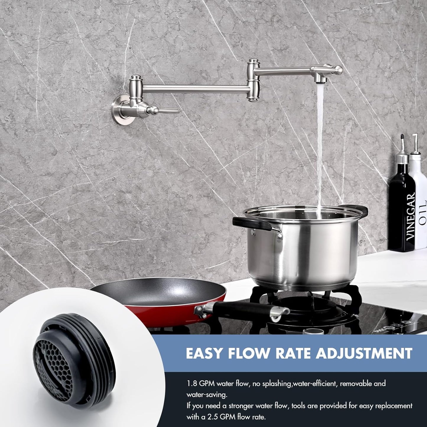 Pot Filler Faucet, Wall Mount Pot Faucets for Kitchen Sink with Double Reinforced Joint Arms, Brushed Nickel