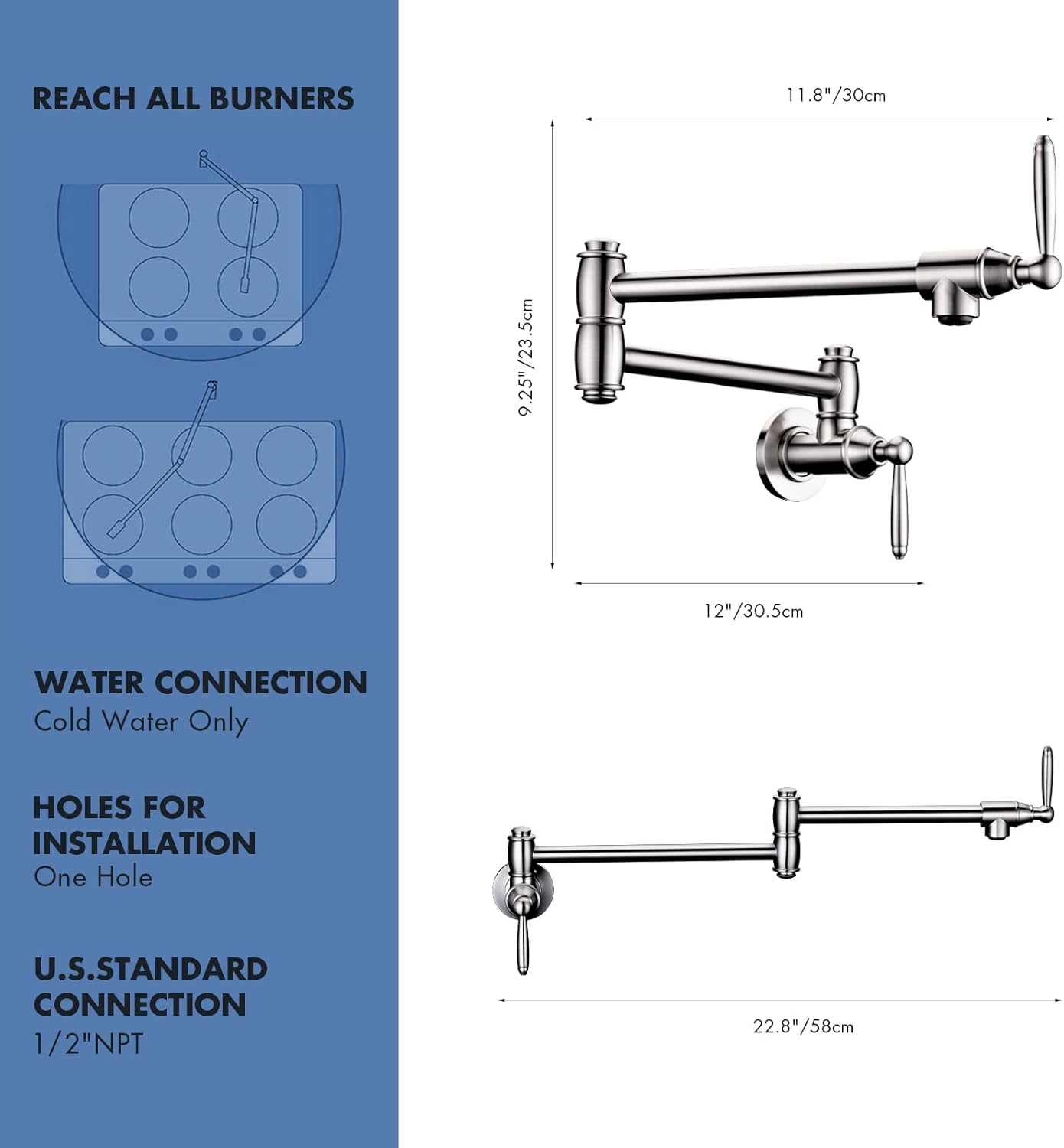 Pot Filler Faucet, Wall Mount Pot Faucets for Kitchen Sink with Double Reinforced Joint Arms, Brushed Nickel