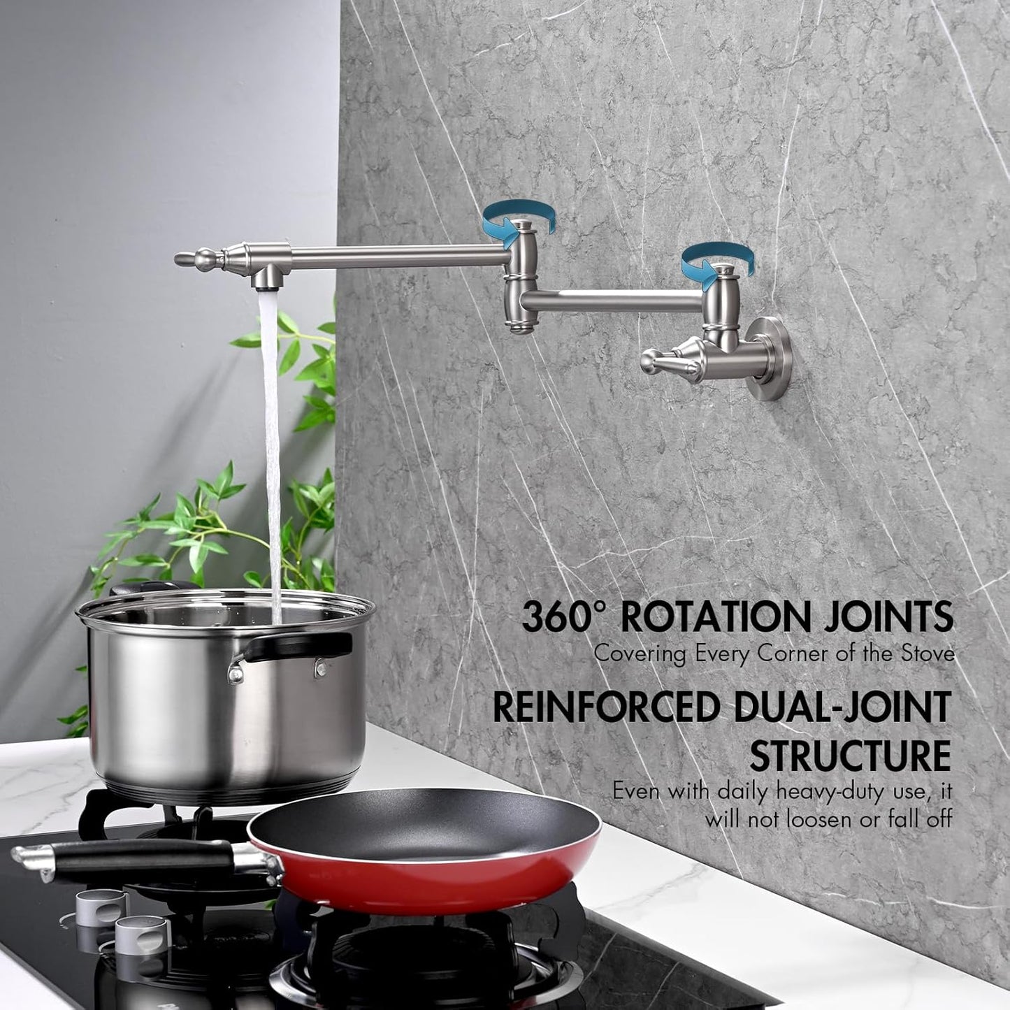 Pot Filler Faucet, Wall Mount Pot Faucets for Kitchen Sink with Double Reinforced Joint Arms, Brushed Nickel