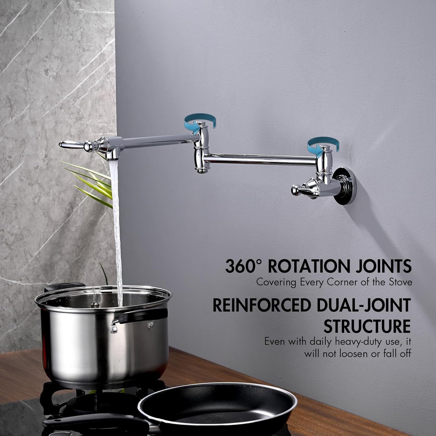 Pot Filler Faucet, Wall Mount Pot Faucets for Kitchen Sink with Double Reinforced Joint Swing Arms, Chrome Finish
