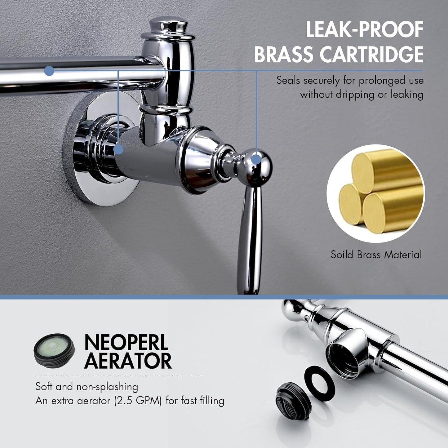 Pot Filler Faucet, Wall Mount Pot Faucets for Kitchen Sink with Double Reinforced Joint Swing Arms, Chrome Finish
