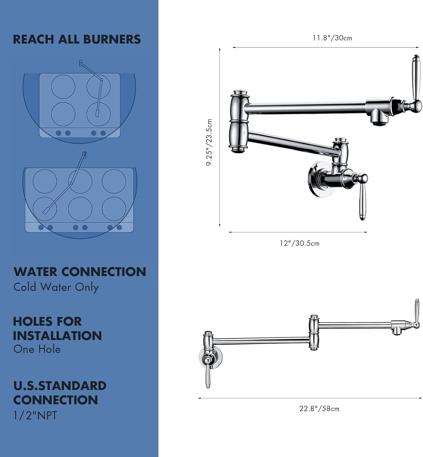 Pot Filler Faucet, Wall Mount Pot Faucets for Kitchen Sink with Double Reinforced Joint Swing Arms, Chrome Finish