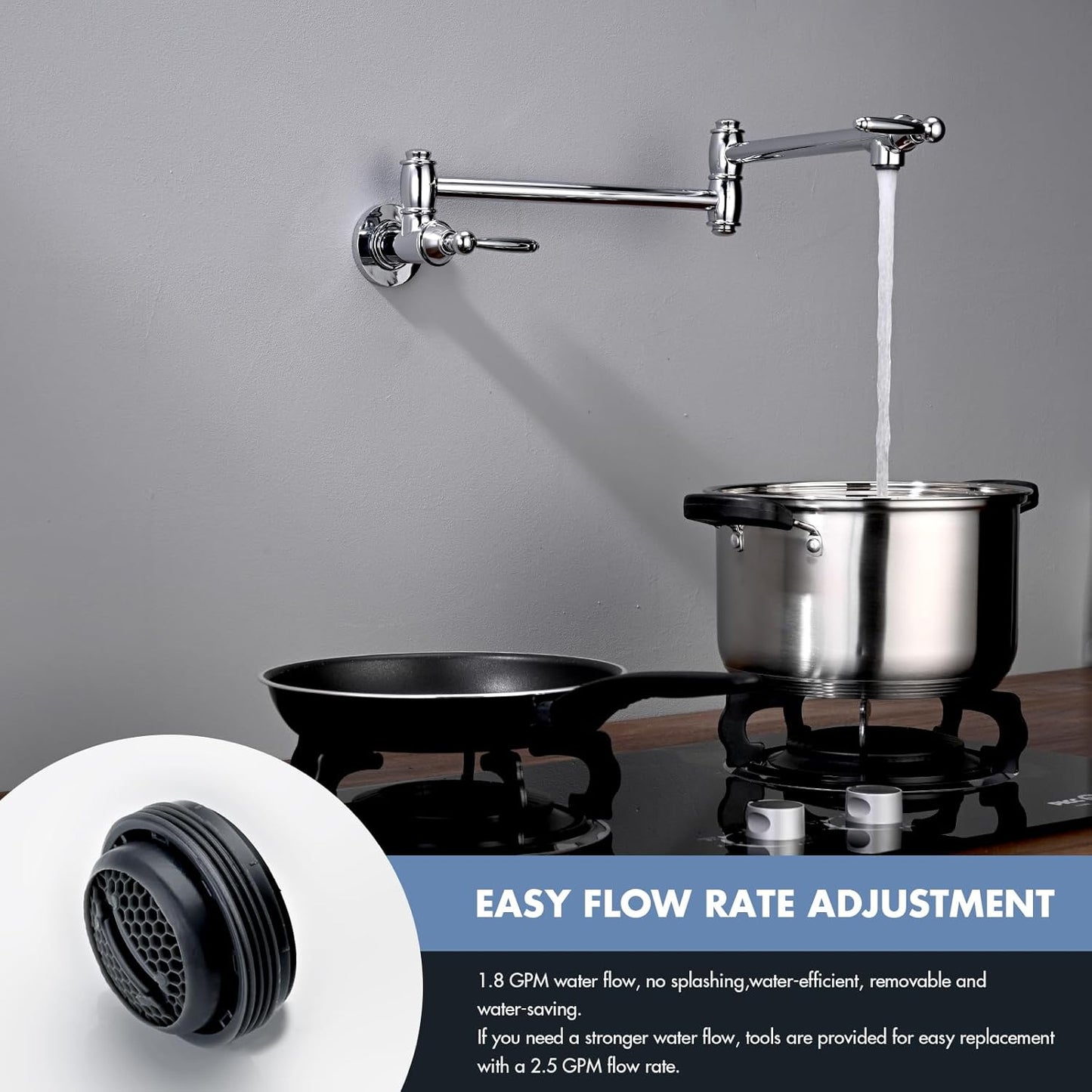 Pot Filler Faucet, Wall Mount Pot Faucets for Kitchen Sink with Double Reinforced Joint Swing Arms, Chrome Finish