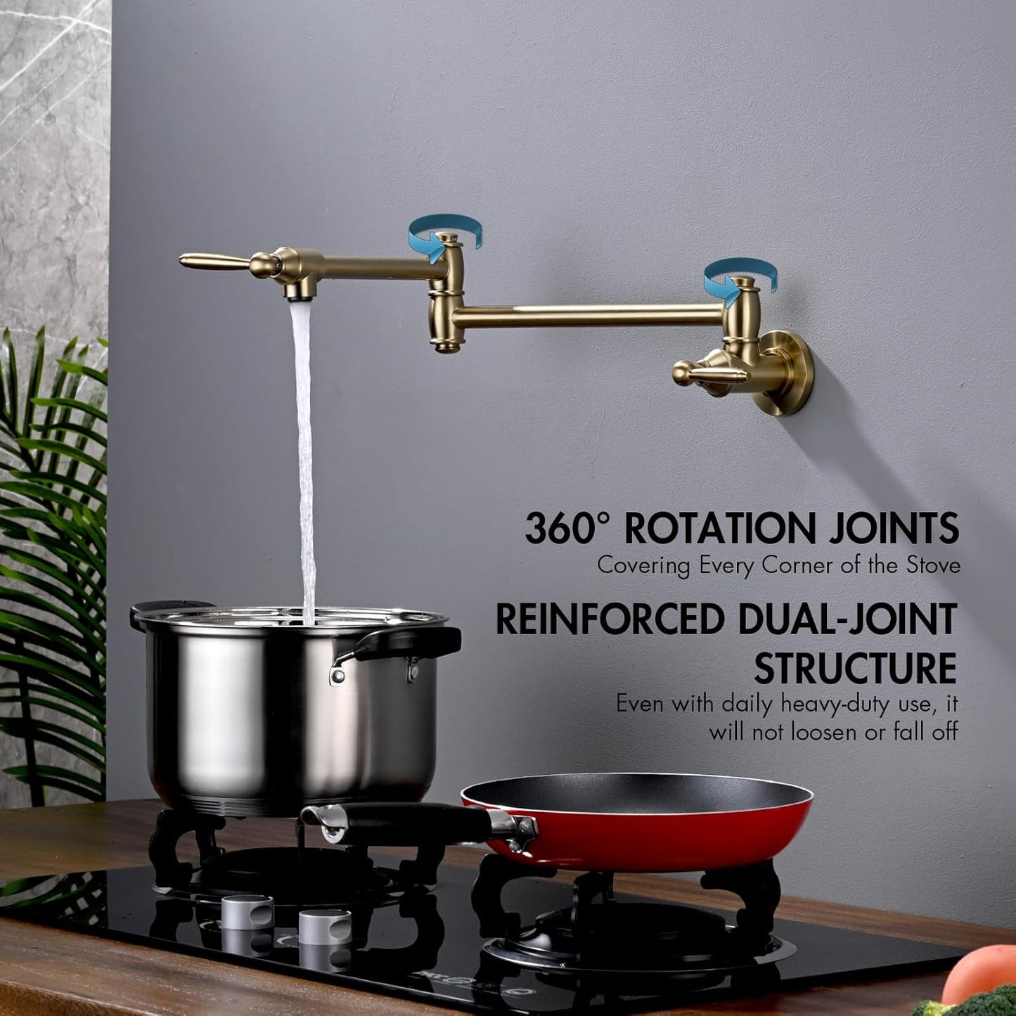 Pot Filler Faucet, Wall Mount Pot Faucets for Kitchen Sink with Double Reinforced Joint Swing Arms, Brushed Gold