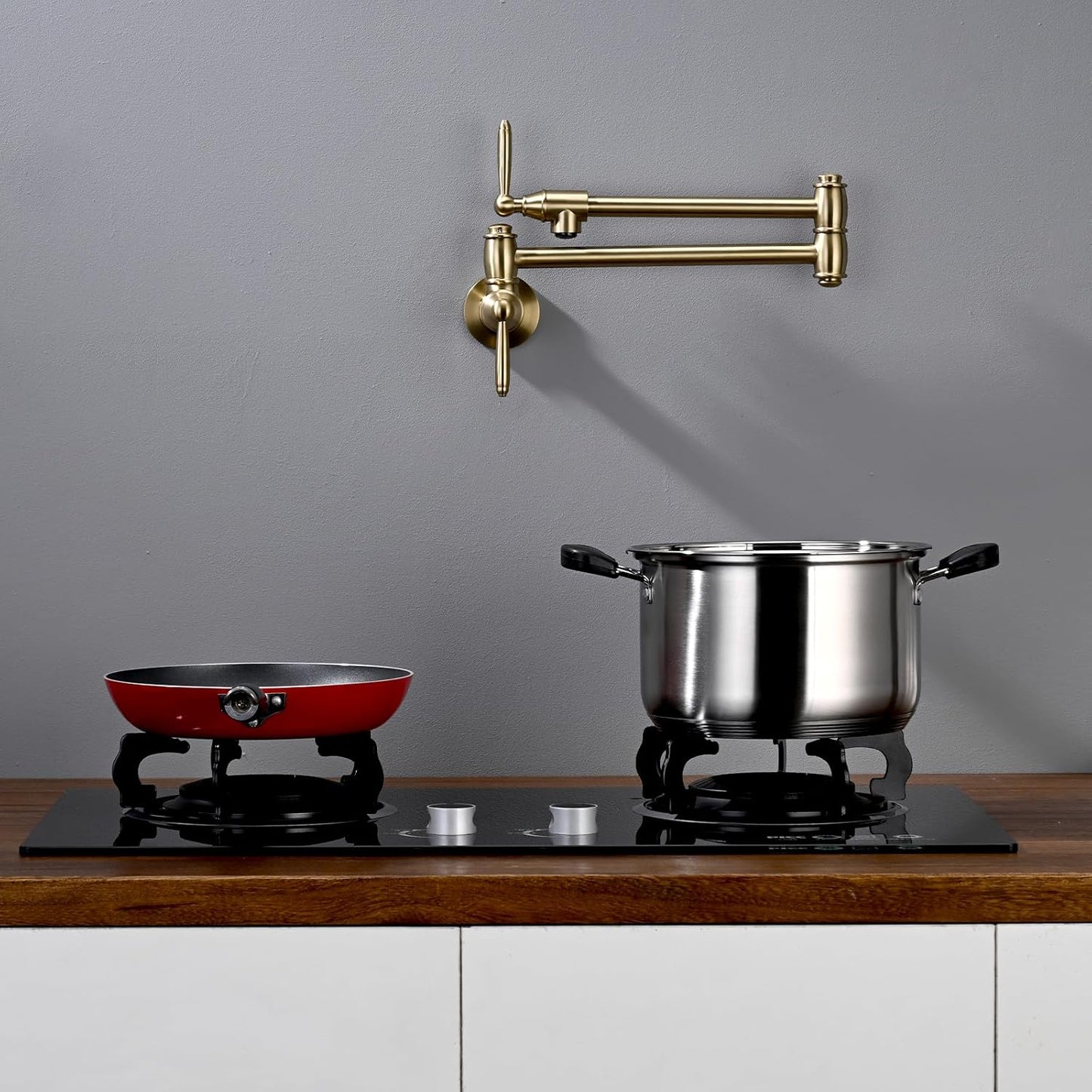 Pot Filler Faucet, Wall Mount Pot Faucets for Kitchen Sink with Double Reinforced Joint Swing Arms, Brushed Gold