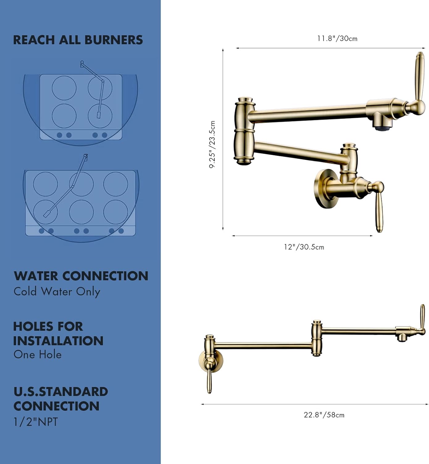 Pot Filler Faucet, Wall Mount Pot Faucets for Kitchen Sink with Double Reinforced Joint Swing Arms, Brushed Gold