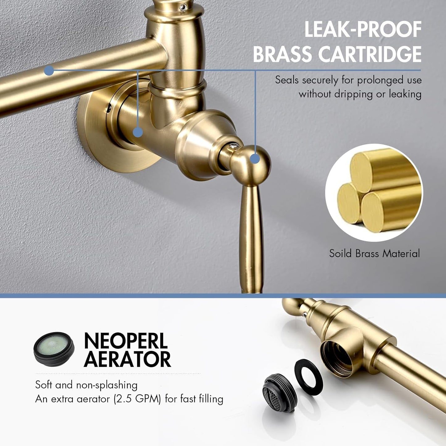Pot Filler Faucet, Wall Mount Pot Faucets for Kitchen Sink with Double Reinforced Joint Swing Arms, Brushed Gold