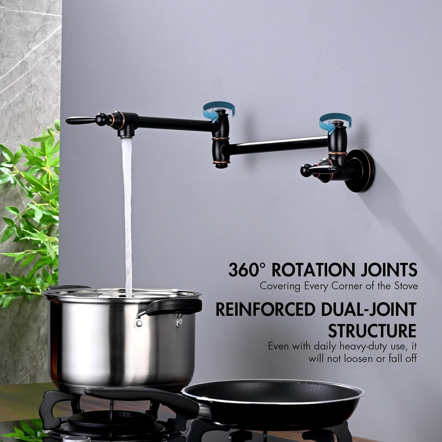 Pot Filler Faucet, Wall Mount Pot Faucets for Kitchen Sink with Double Reinforced Joint Swing Arms, Solid Brass