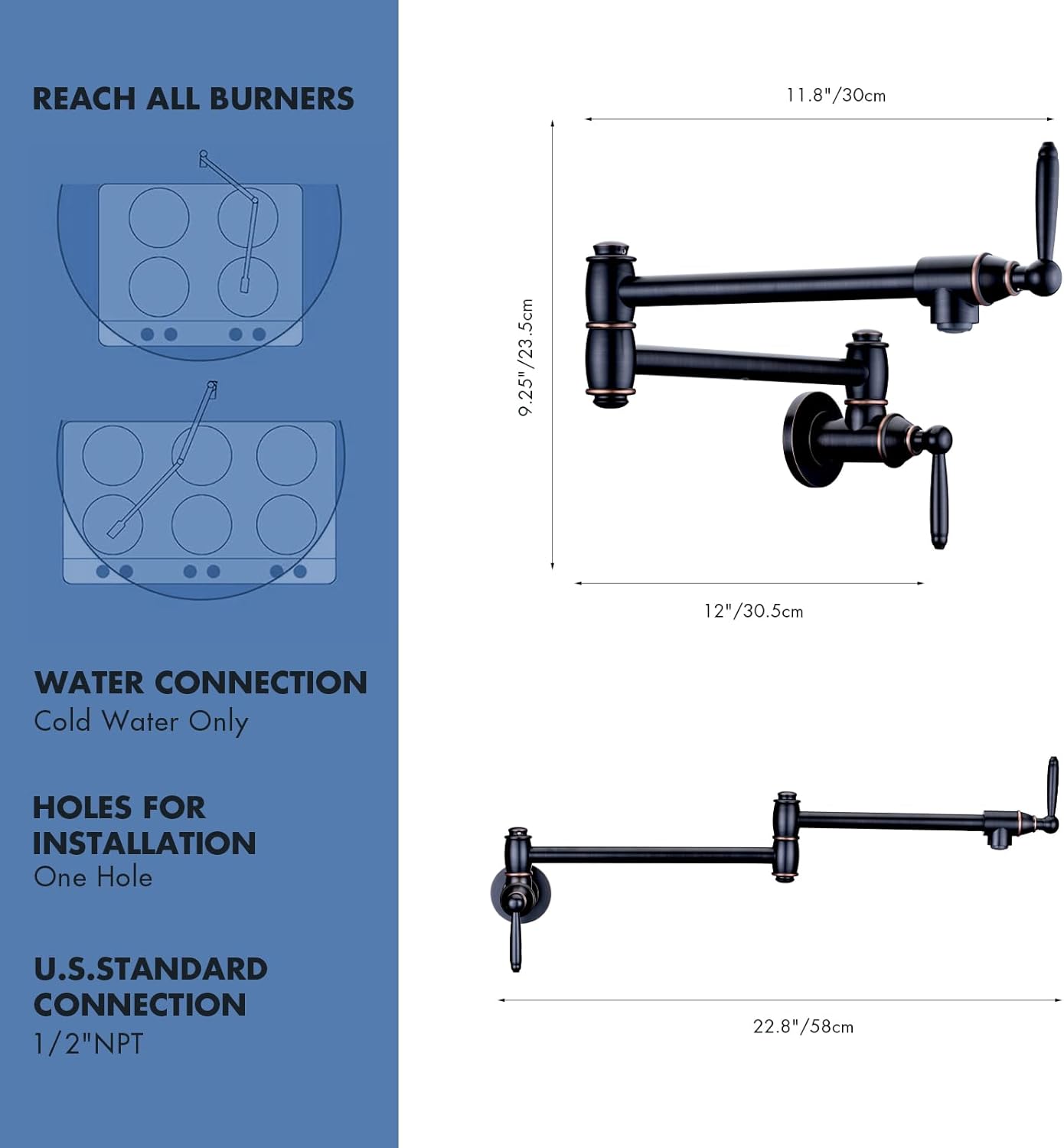 Pot Filler Faucet, Wall Mount Pot Faucets for Kitchen Sink with Double Reinforced Joint Swing Arms, Solid Brass