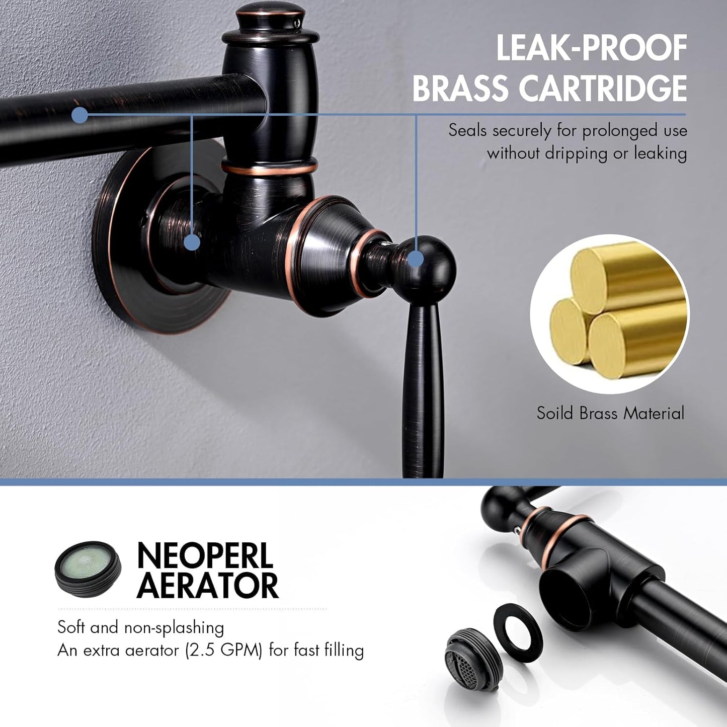 Pot Filler Faucet, Wall Mount Pot Faucets for Kitchen Sink with Double Reinforced Joint Swing Arms, Solid Brass