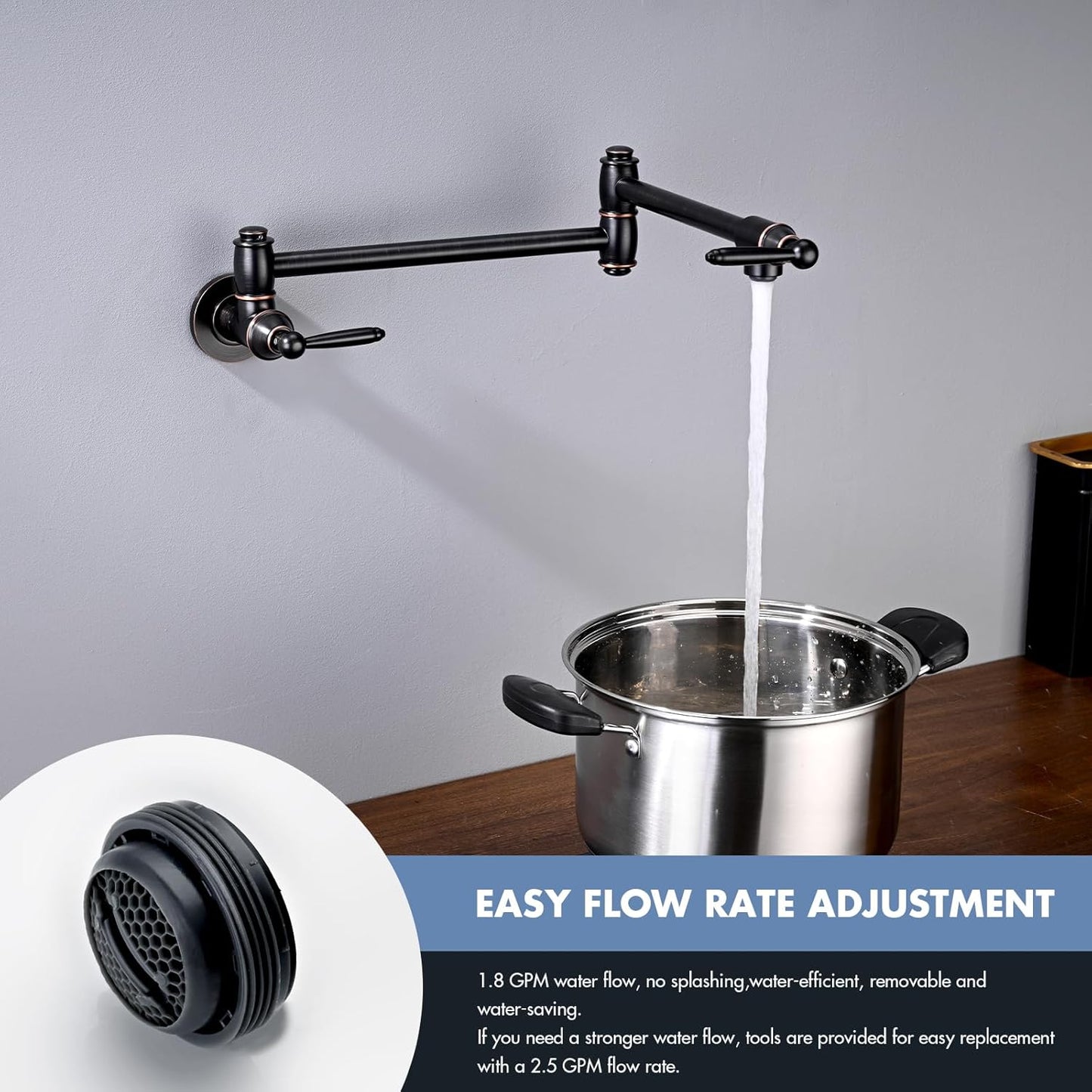 Pot Filler Faucet, Wall Mount Pot Faucets for Kitchen Sink with Double Reinforced Joint Swing Arms, Solid Brass