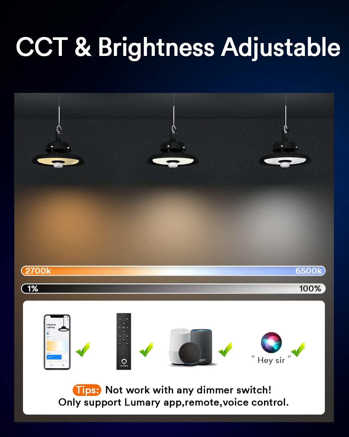 22,000Lm Smart UFO LED High Bay Light w/Remote, 2700K-6500K Dimmable 150W, Compatible with Alexa/Google