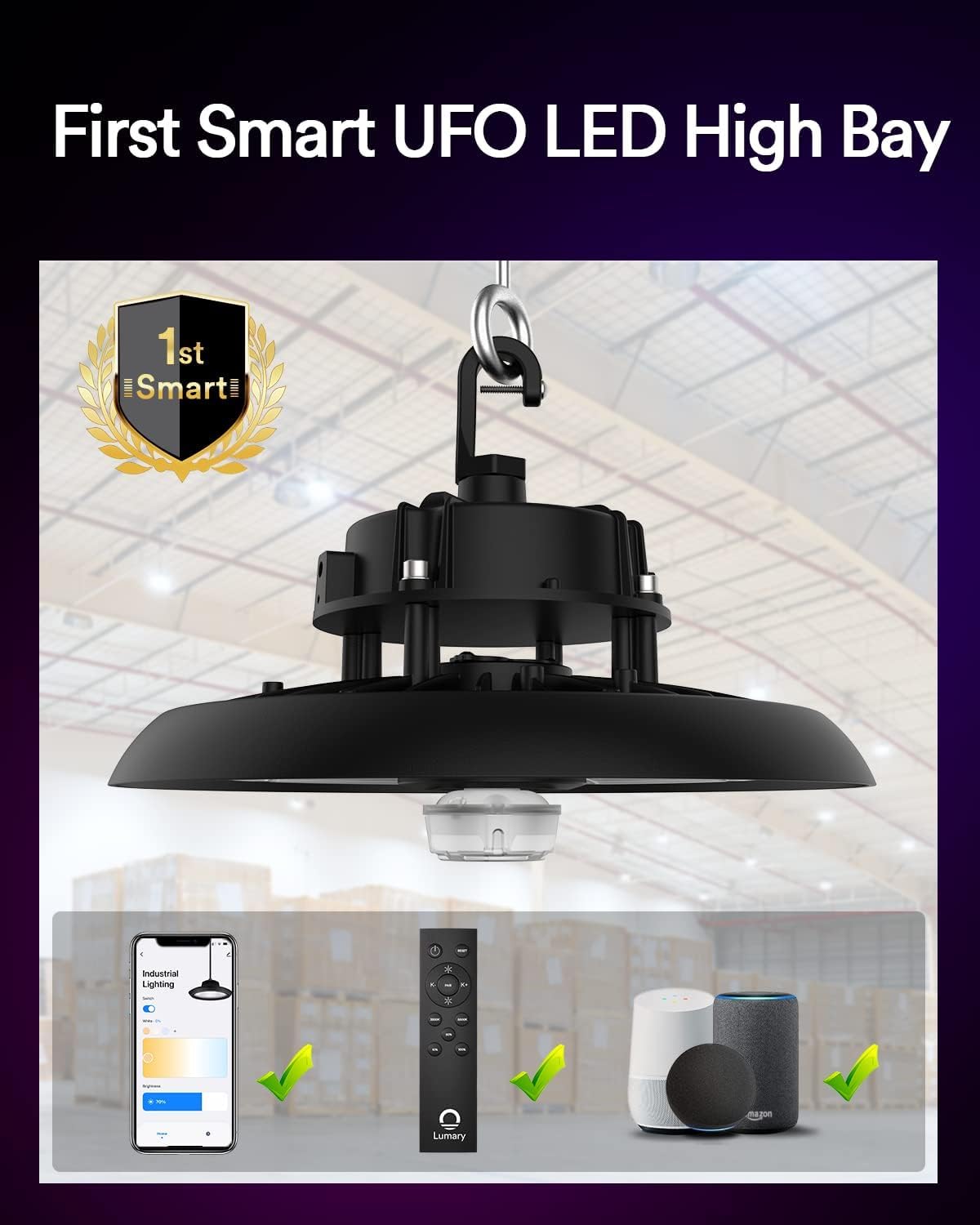 22,000Lm Smart UFO LED High Bay Light w/Remote, 2700K-6500K Dimmable 150W, Compatible with Alexa/Google