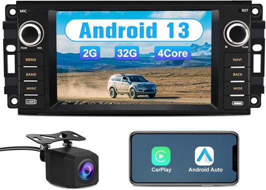 Android 13 Car Radio Stereo for Jeep Wrangler Dodge RAM Avenger Challenger Chrysler, 7 Inch Touch Screen, BU Cam