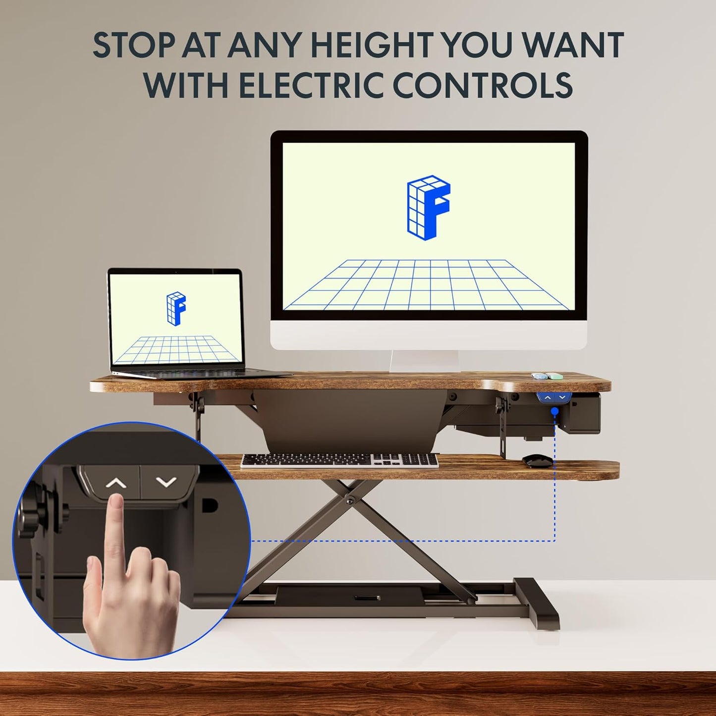 35' Electric Standing Desk Converter, Height Adjustable Motorized Desk Riser for Monitors, Rustic Color