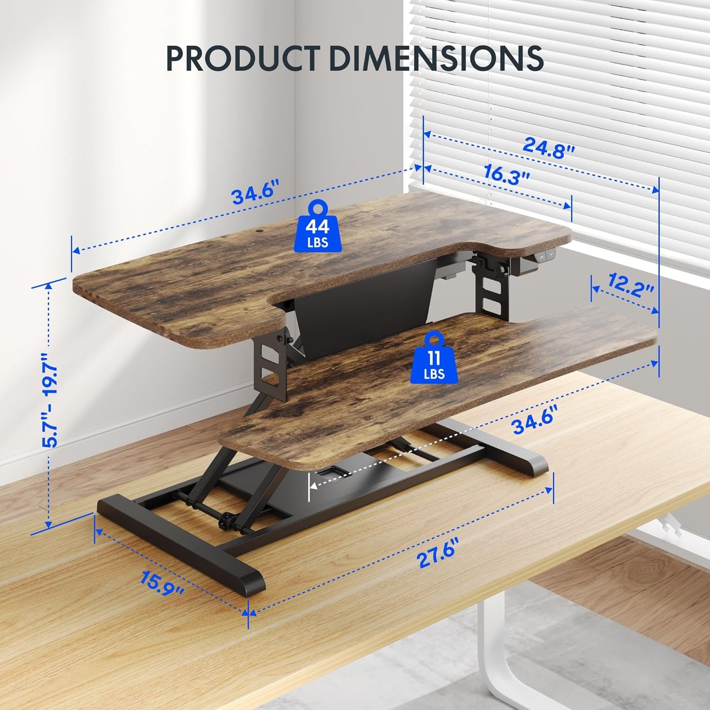 35' Electric Standing Desk Converter, Height Adjustable Motorized Desk Riser for Monitors, Rustic Color