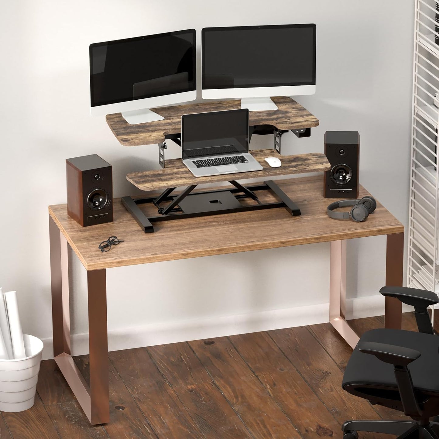 35' Electric Standing Desk Converter, Height Adjustable Motorized Desk Riser for Monitors, Rustic Color
