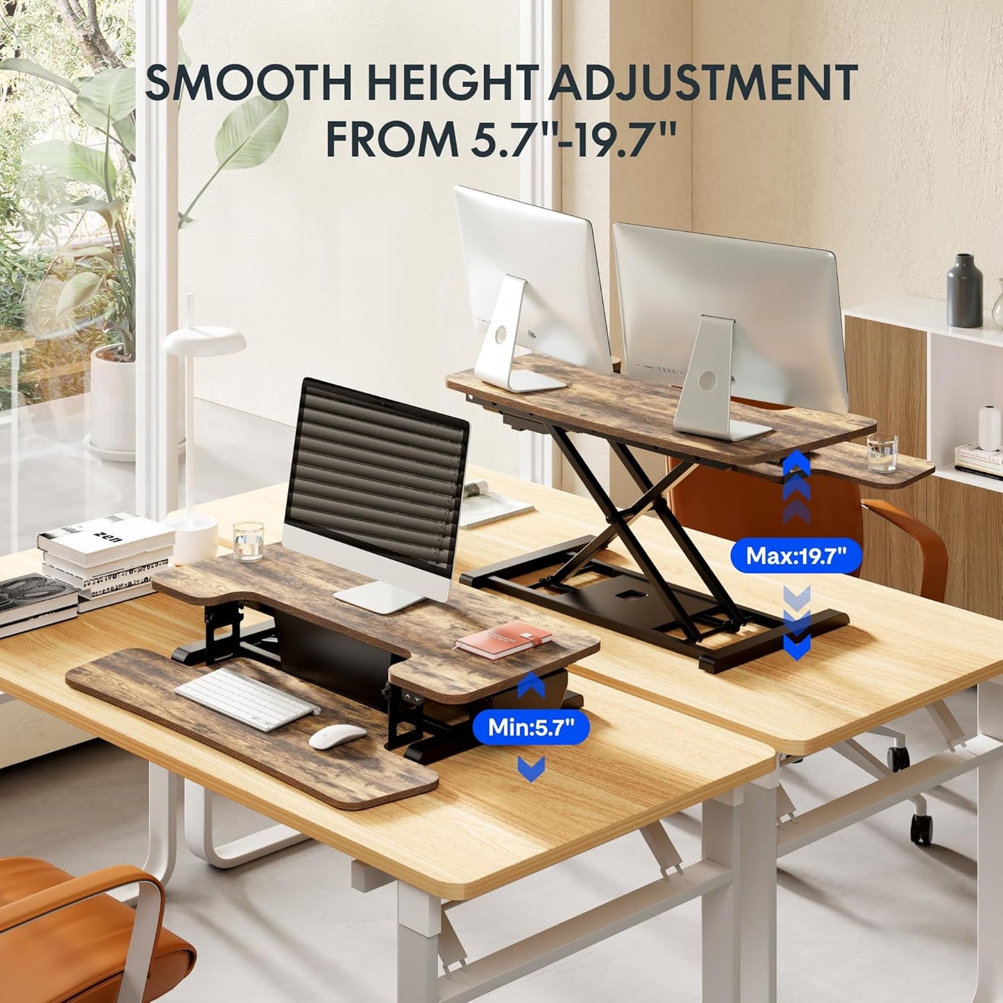 35' Electric Standing Desk Converter, Height Adjustable Motorized Desk Riser for Monitors, Rustic Color