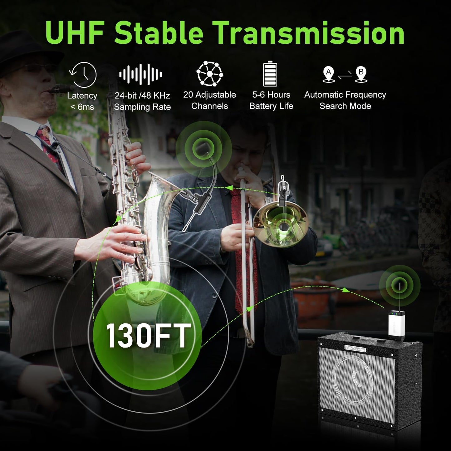 Dual UHF Wireless Sax Microphone Instrument UHF Condenser Pick Up Clip-on Mic 1 Receiver and 2 Transmitter