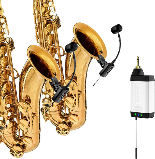 Dual UHF Wireless Sax Microphone Instrument UHF Condenser Pick Up Clip-on Mic 1 Receiver and 2 Transmitter