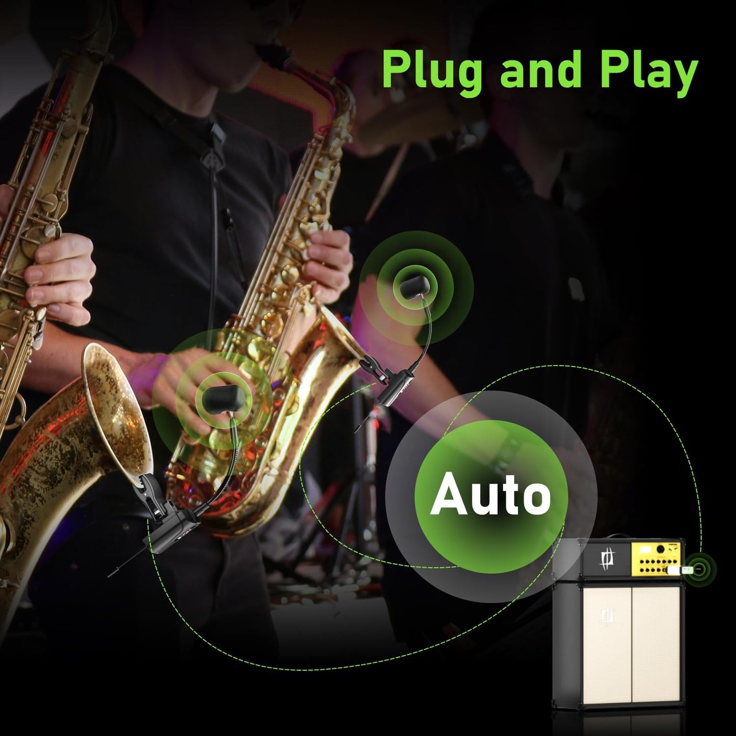 Dual UHF Wireless Sax Microphone Instrument UHF Condenser Pick Up Clip-on Mic 1 Receiver and 2 Transmitter