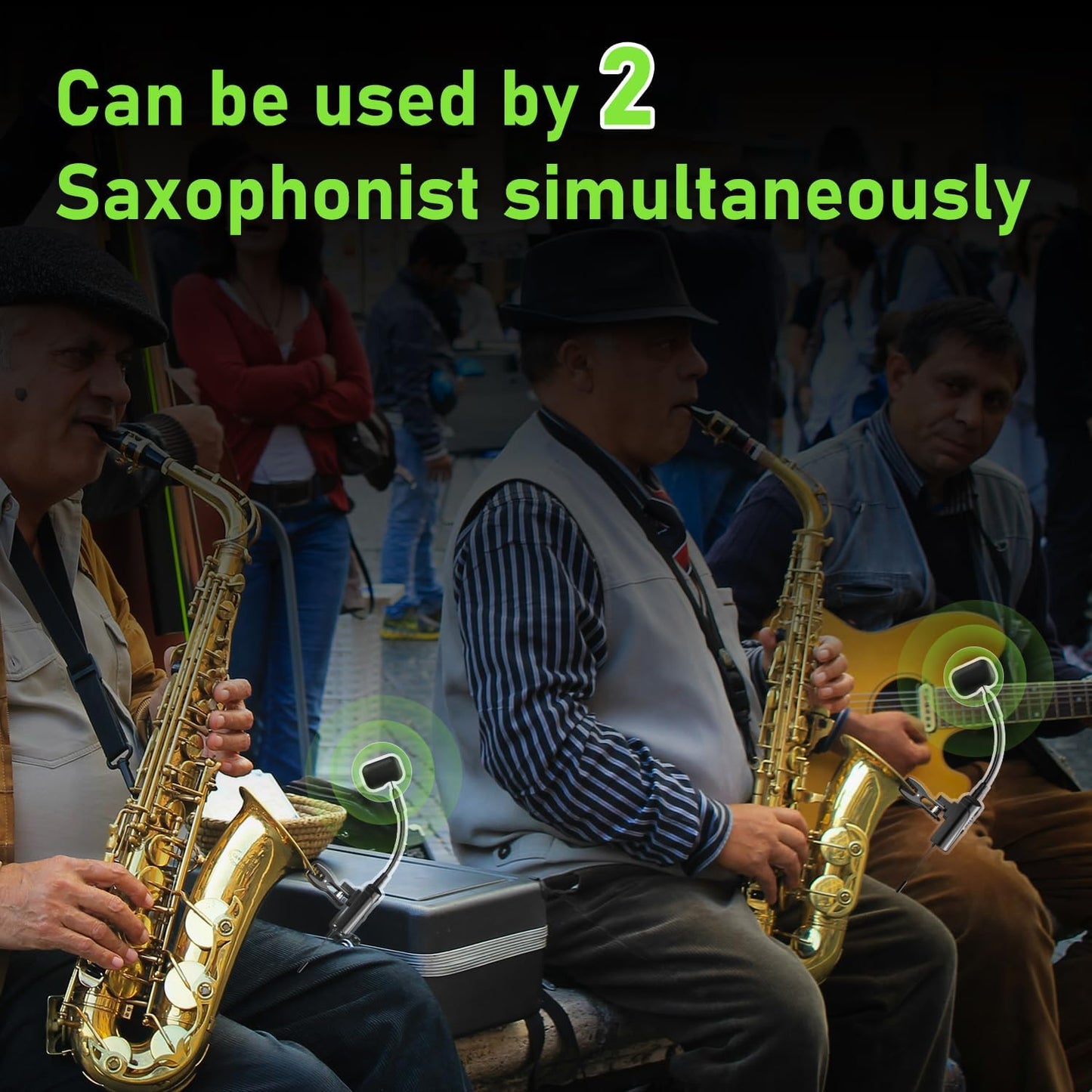Dual UHF Wireless Sax Microphone Instrument UHF Condenser Pick Up Clip-on Mic 1 Receiver and 2 Transmitter