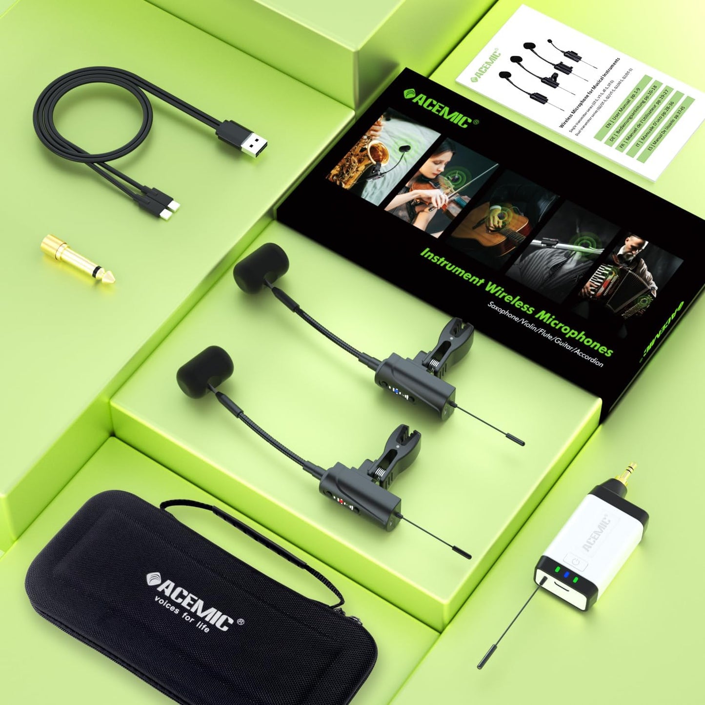 Dual UHF Wireless Sax Microphone Instrument UHF Condenser Pick Up Clip-on Mic 1 Receiver and 2 Transmitter