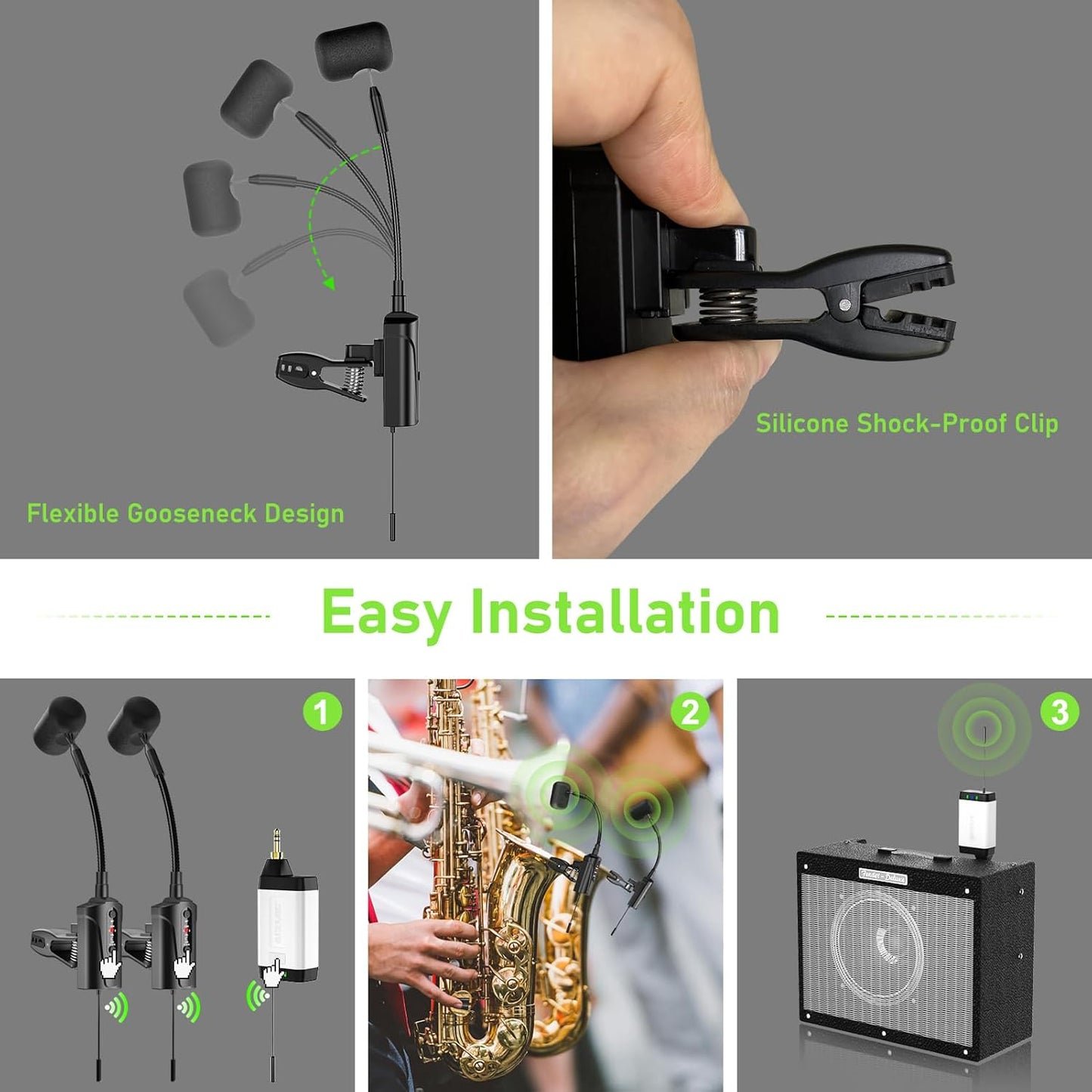 Dual UHF Wireless Sax Microphone Instrument UHF Condenser Pick Up Clip-on Mic 1 Receiver and 2 Transmitter