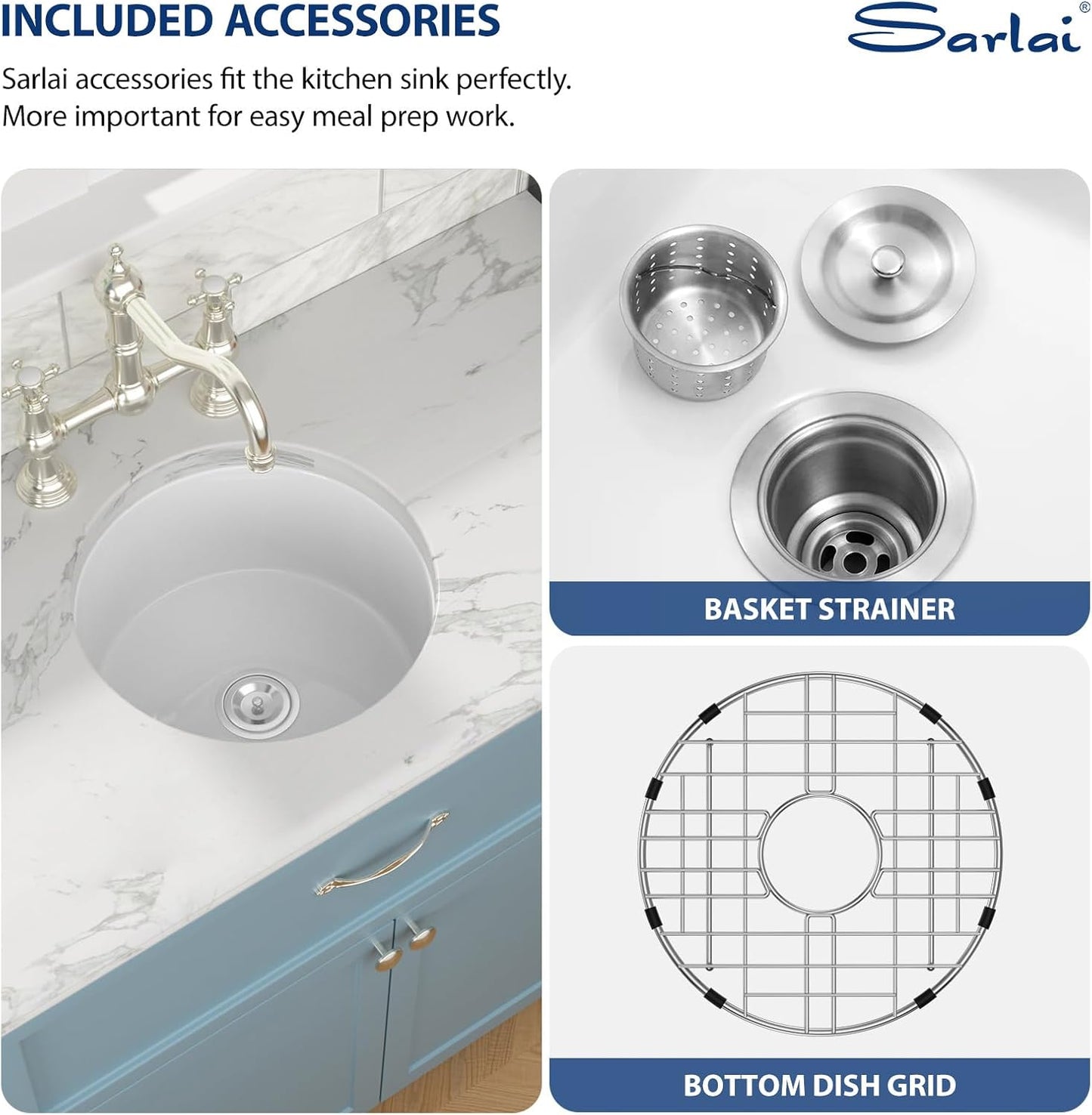 18' White Bar Sink Round, Small Dual Mount (Undermount/Drop In) Ceramic Porcelain Fireclay Single Bowl