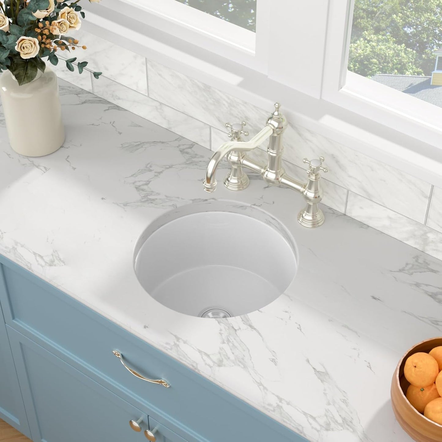 18' White Bar Sink Round, Small Dual Mount (Undermount/Drop In) Ceramic Porcelain Fireclay Single Bowl