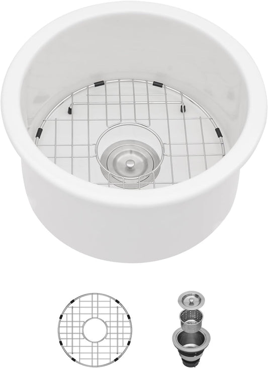 18' White Bar Sink Round, Small Dual Mount (Undermount/Drop In) Ceramic Porcelain Fireclay Single Bowl