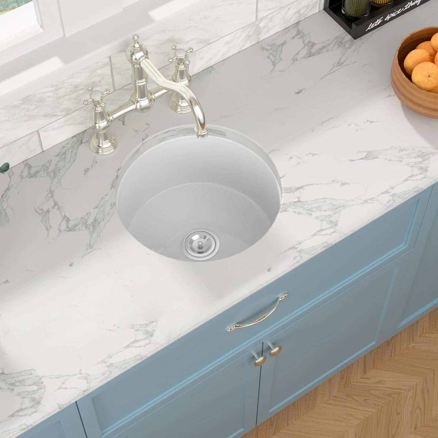 18' White Bar Sink Round, Small Dual Mount (Undermount/Drop In) Ceramic Porcelain Fireclay Single Bowl