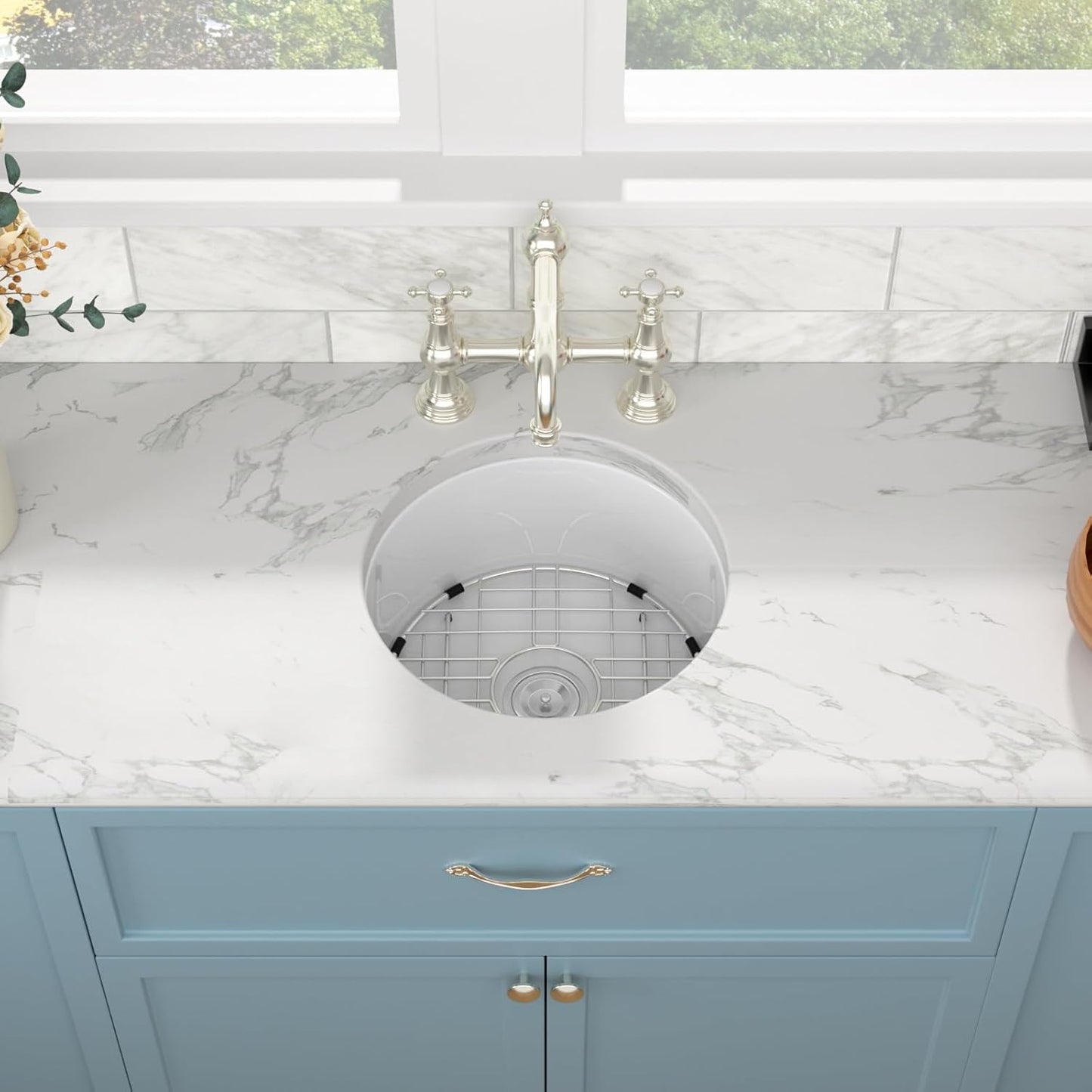 18' White Bar Sink Round, Small Dual Mount (Undermount/Drop In) Ceramic Porcelain Fireclay Single Bowl