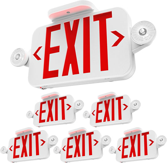5 Pack LED Exit Sign With Emergency Lights, Red, Two Mini Adjustable Lights, 94V-0 Fire Resistant, Backup Battery