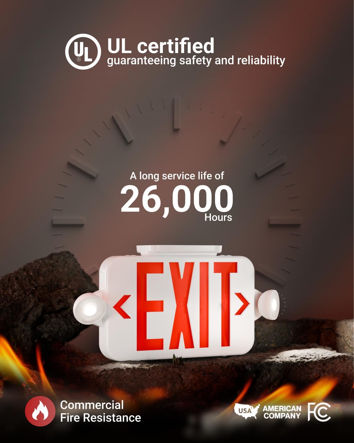 5 Pack LED Exit Sign With Emergency Lights, Red, Two Mini Adjustable Lights, 94V-0 Fire Resistant, Backup Battery