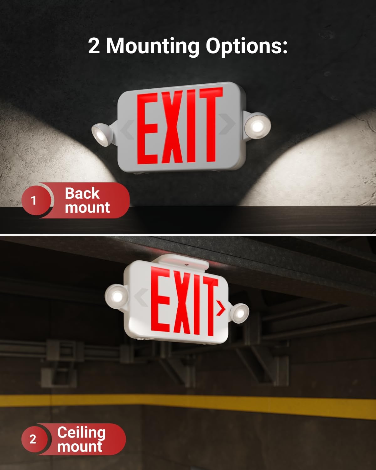 5 Pack LED Exit Sign With Emergency Lights, Red, Two Mini Adjustable Lights, 94V-0 Fire Resistant, Backup Battery