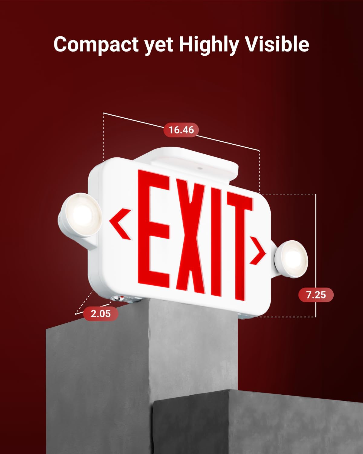 5 Pack LED Exit Sign With Emergency Lights, Red, Two Mini Adjustable Lights, 94V-0 Fire Resistant, Backup Battery