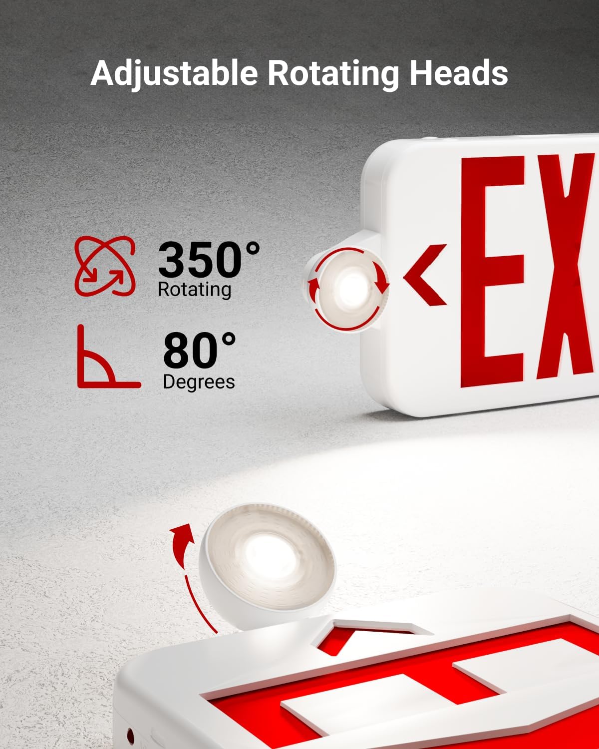 5 Pack LED Exit Sign With Emergency Lights, Red, Two Mini Adjustable Lights, 94V-0 Fire Resistant, Backup Battery
