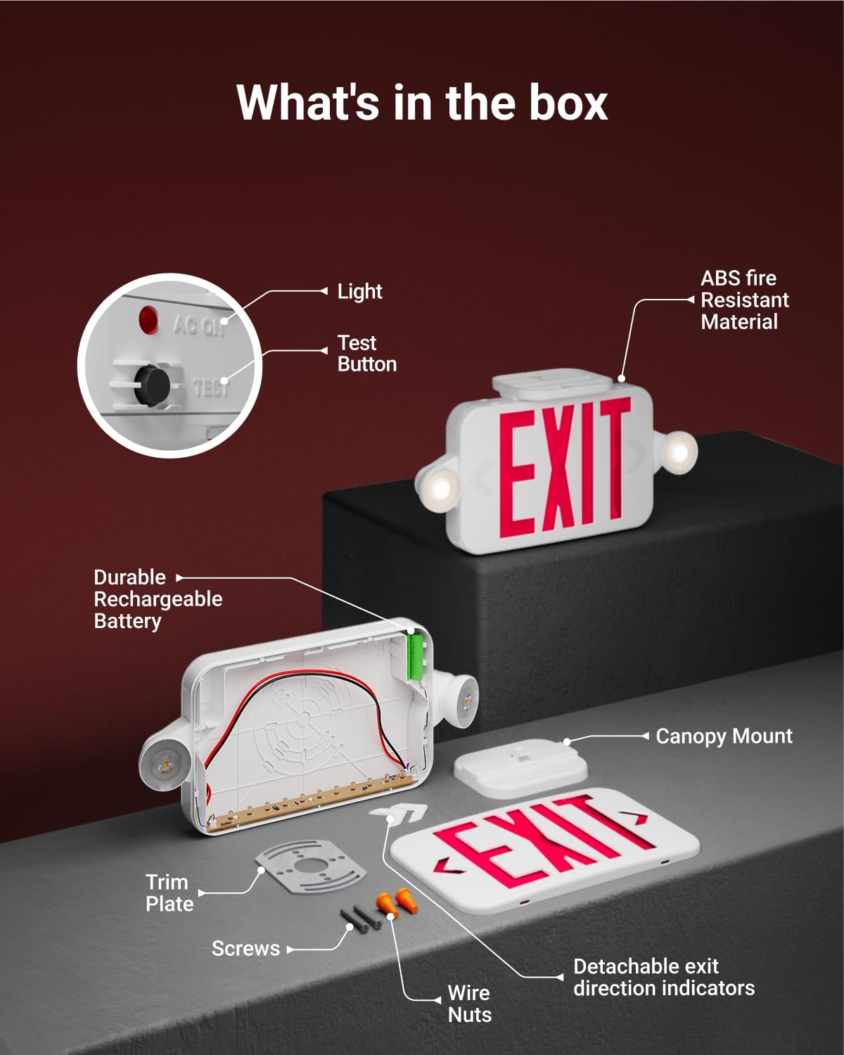 5 Pack LED Exit Sign With Emergency Lights, Red, Two Mini Adjustable Lights, 94V-0 Fire Resistant, Backup Battery