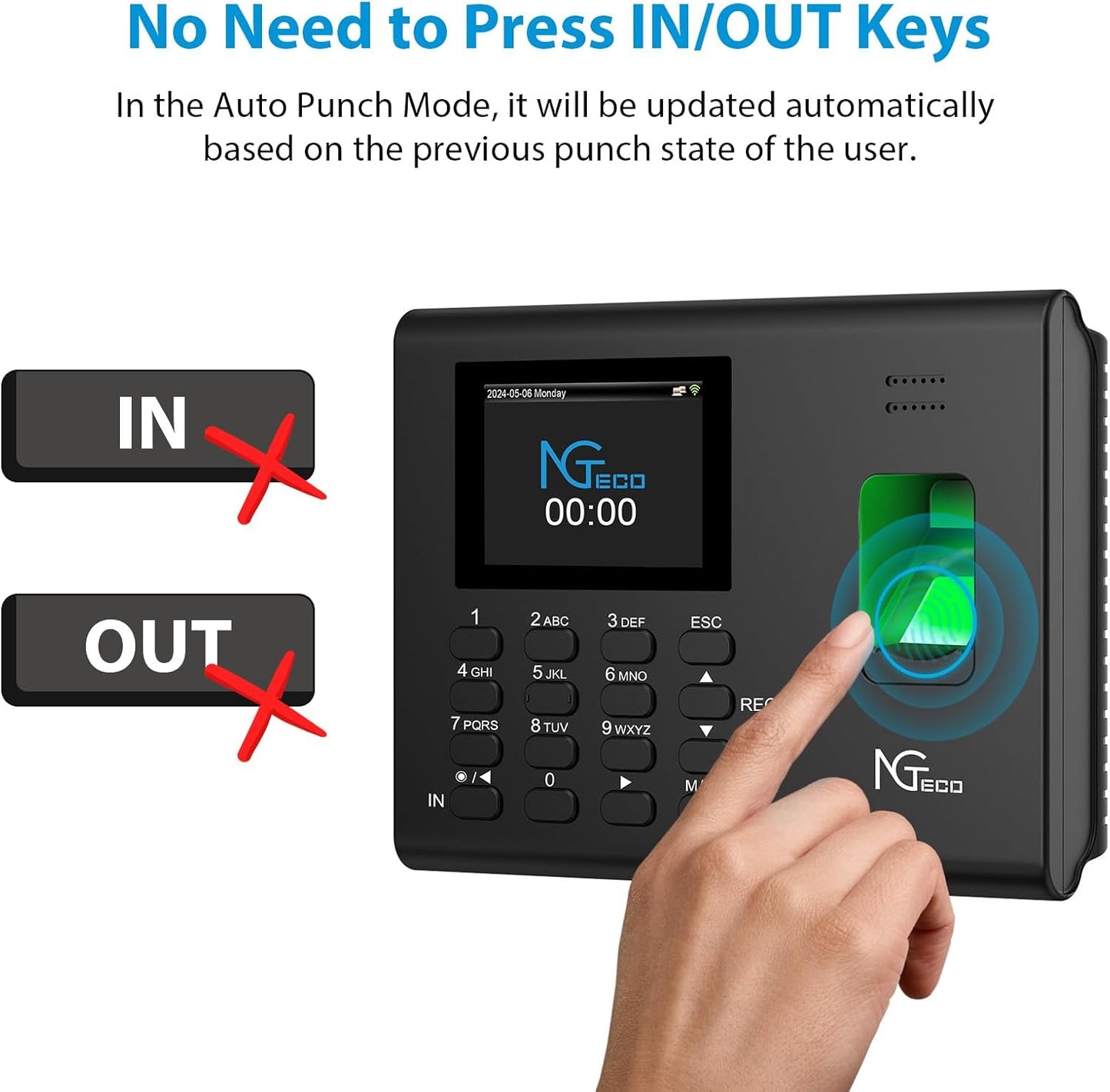 Time Clock, 2.4GHz WiFi Fingerprint Time Clocks with Battery, for Small Business with App for iOS Android