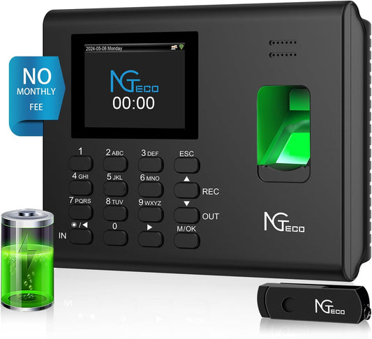 Time Clock, 2.4GHz WiFi Fingerprint Time Clocks with Battery, for Small Business with App for iOS Android