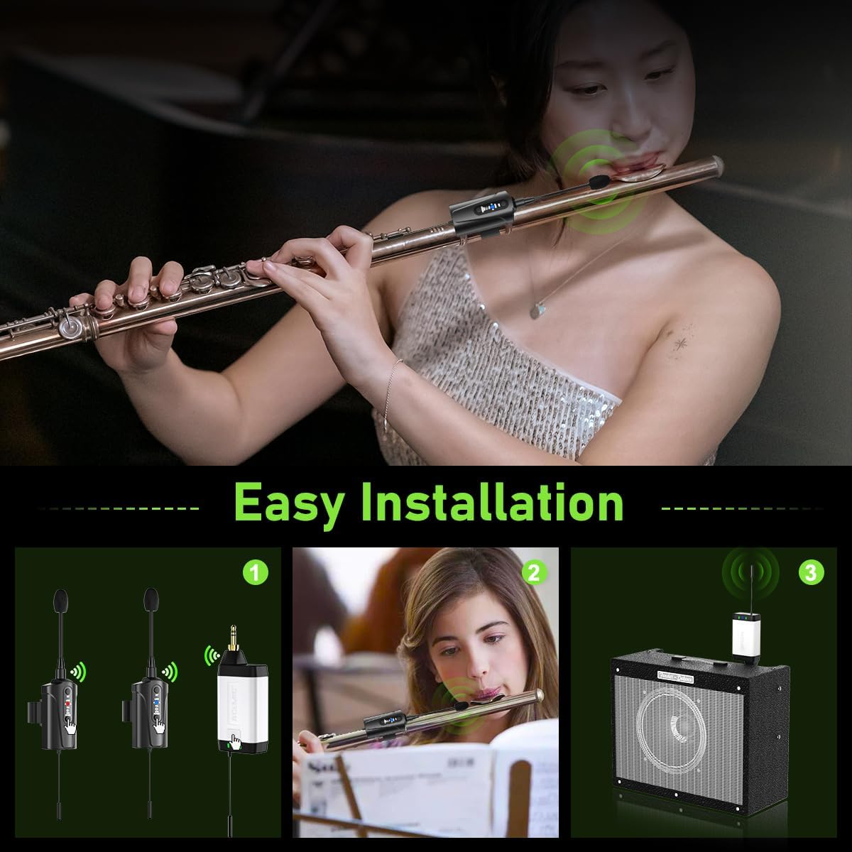 Dual UHF Flute Wireless Instrument Microphone Wireless Tie-on Mic for Flute, 1 Receiver and 2 Transmitter System