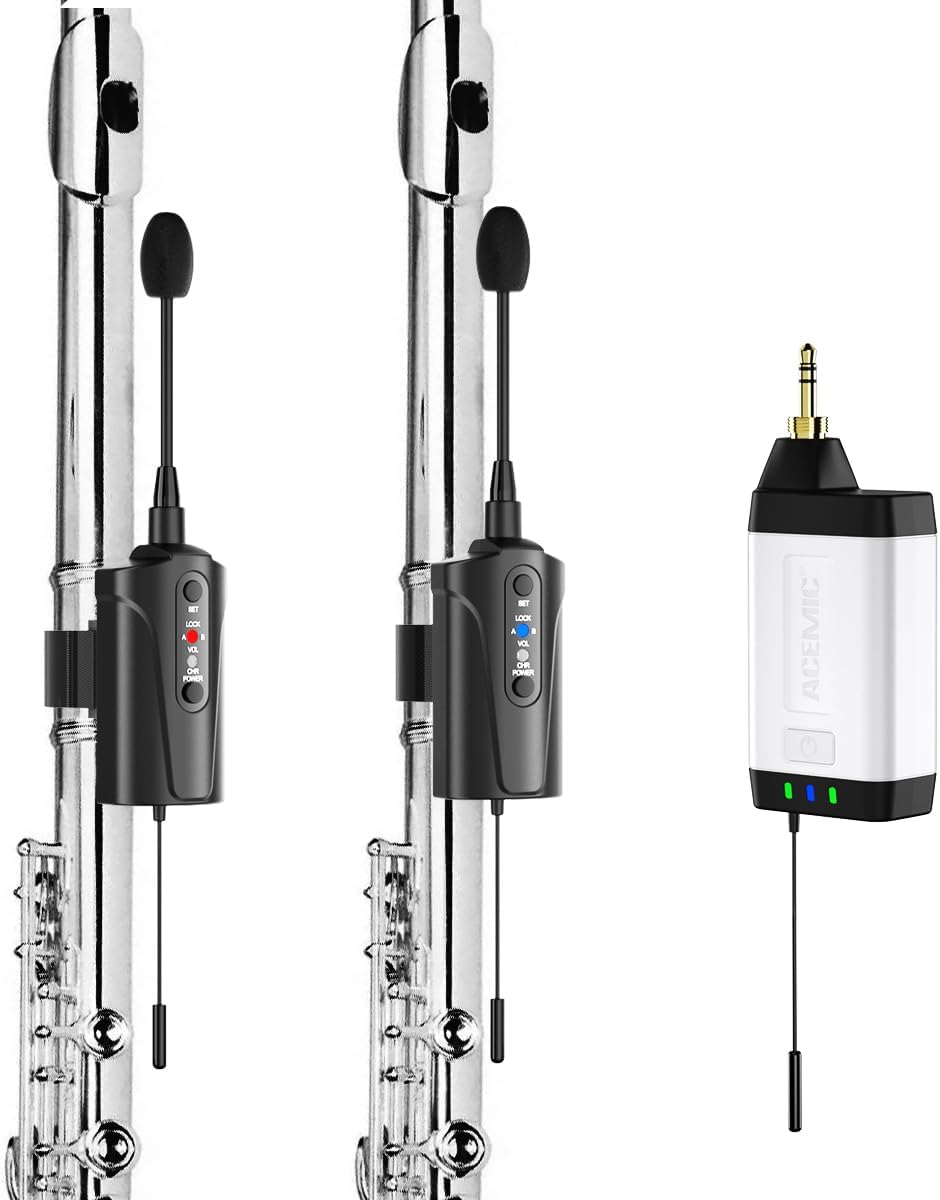 Dual UHF Flute Wireless Instrument Microphone Wireless Tie-on Mic for Flute, 1 Receiver and 2 Transmitter System