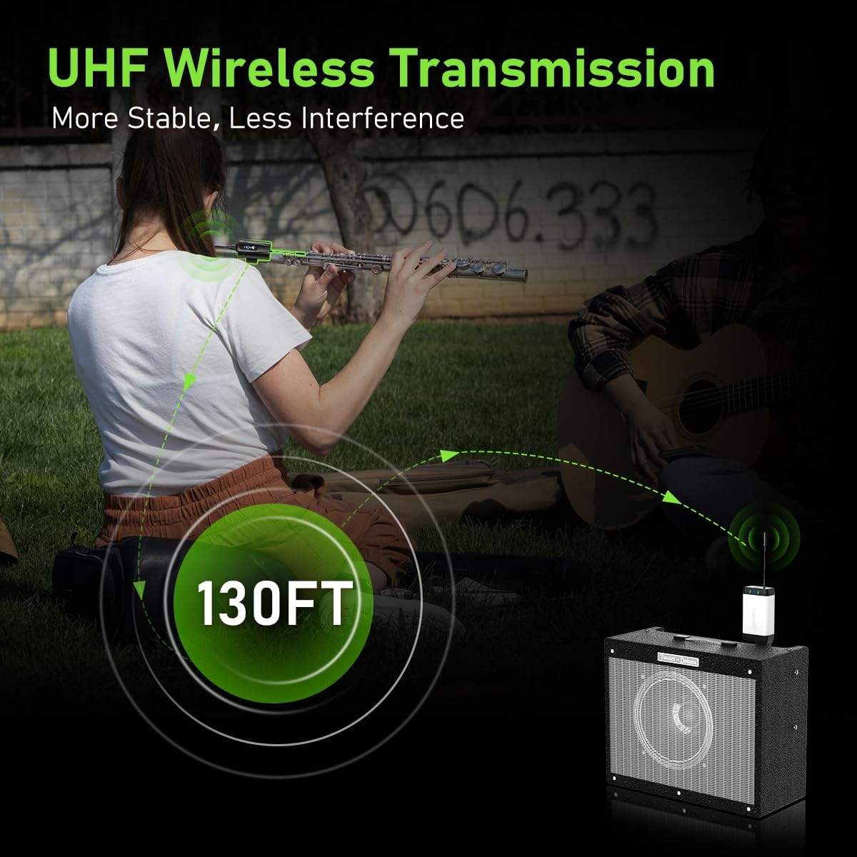 Dual UHF Flute Wireless Instrument Microphone Wireless Tie-on Mic for Flute, 1 Receiver and 2 Transmitter System