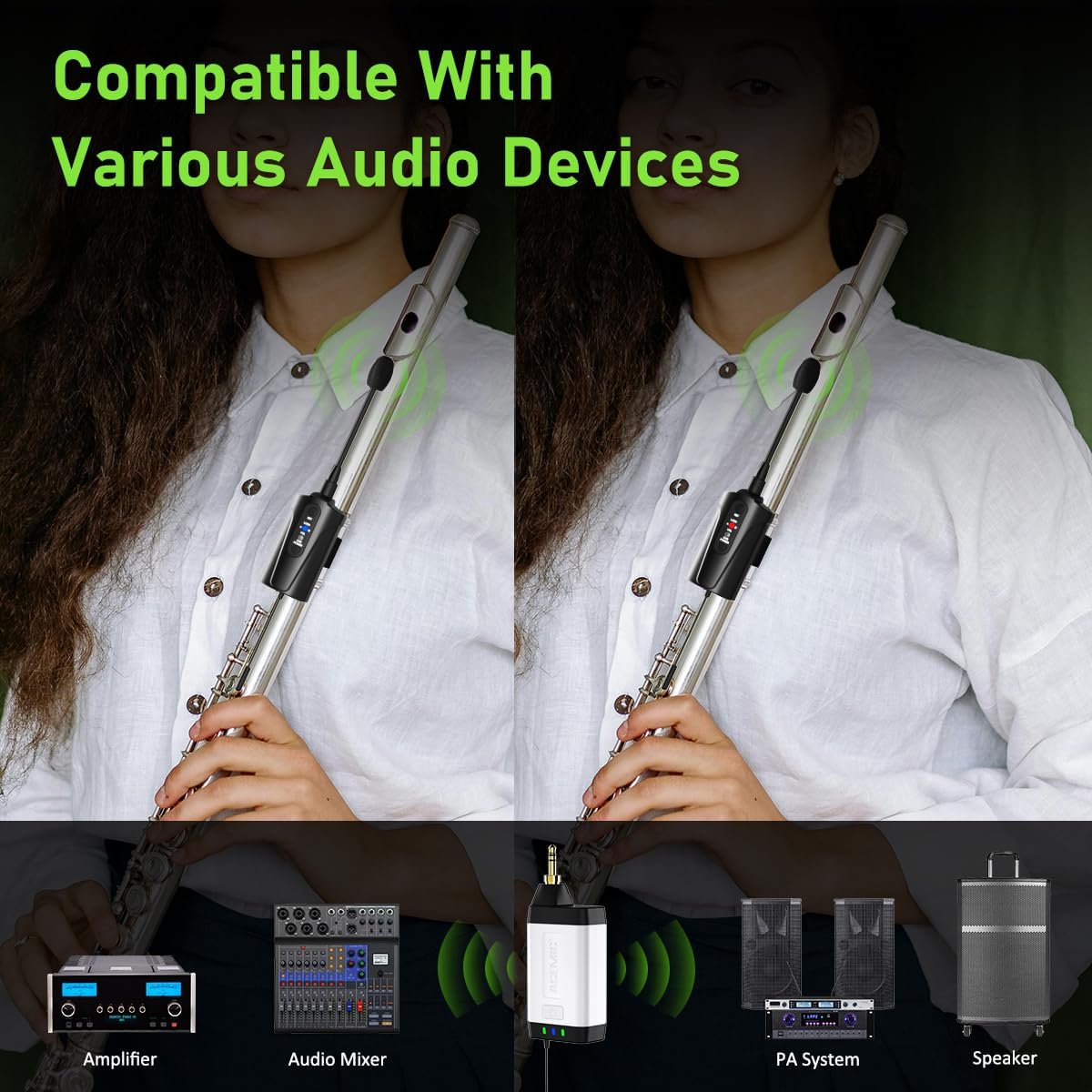 Dual UHF Flute Wireless Instrument Microphone Wireless Tie-on Mic for Flute, 1 Receiver and 2 Transmitter System
