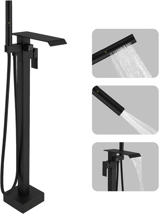 Freestanding Waterfall Bathtub Faucet High Flow, 2 in 1 Handheld Shower, 59 Inch Shower Hose Matte Black